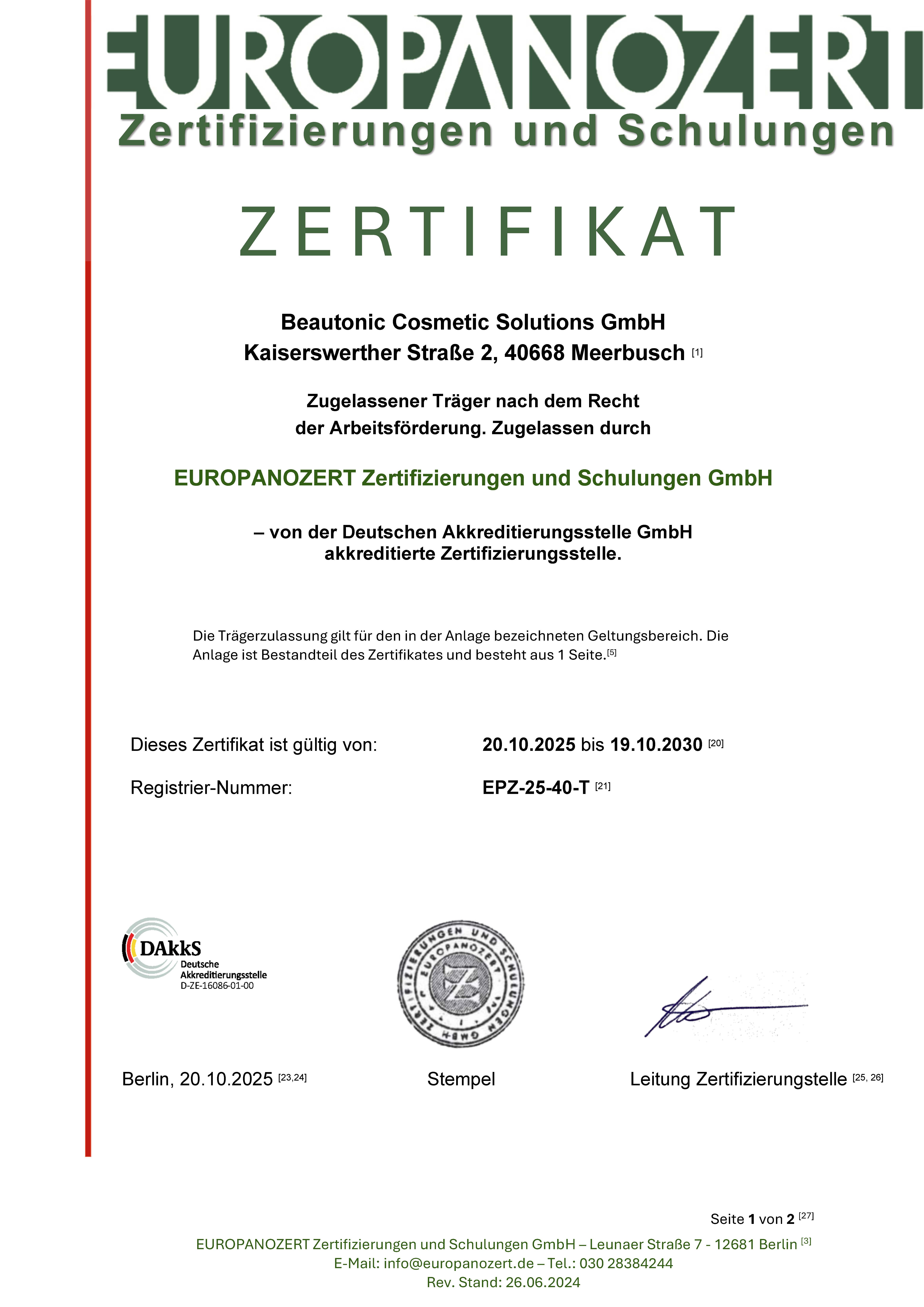 Zulassungsurkunde EPZ-25-40-T